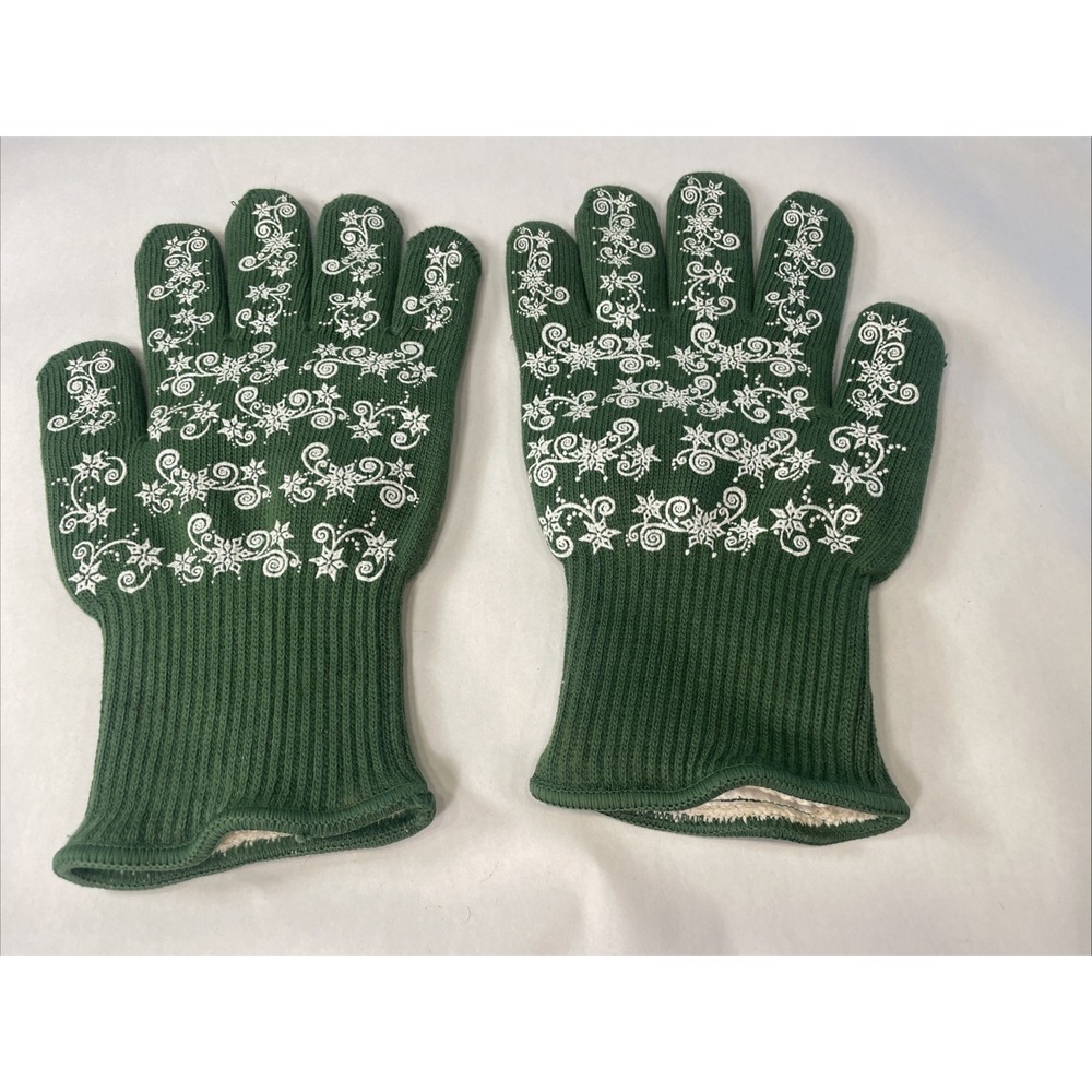 Temptations by Tara Floral Oven Gloves Mitts Knit Forest Green Cream One Size